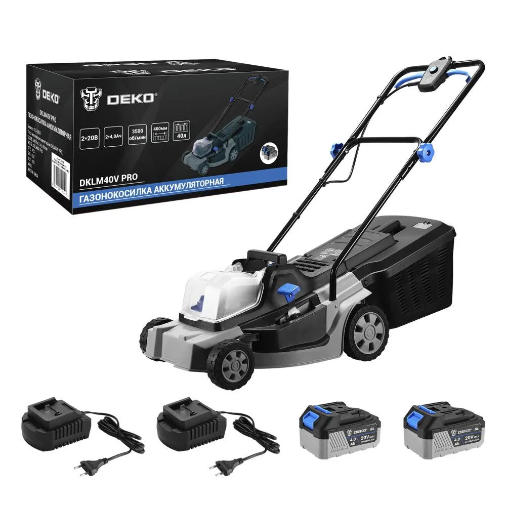 Аккумуляторная газонокосилка DKLM40V PRO, 2х20В, 2x4.0Aч, 2 з/у, 400мм "DEKO"