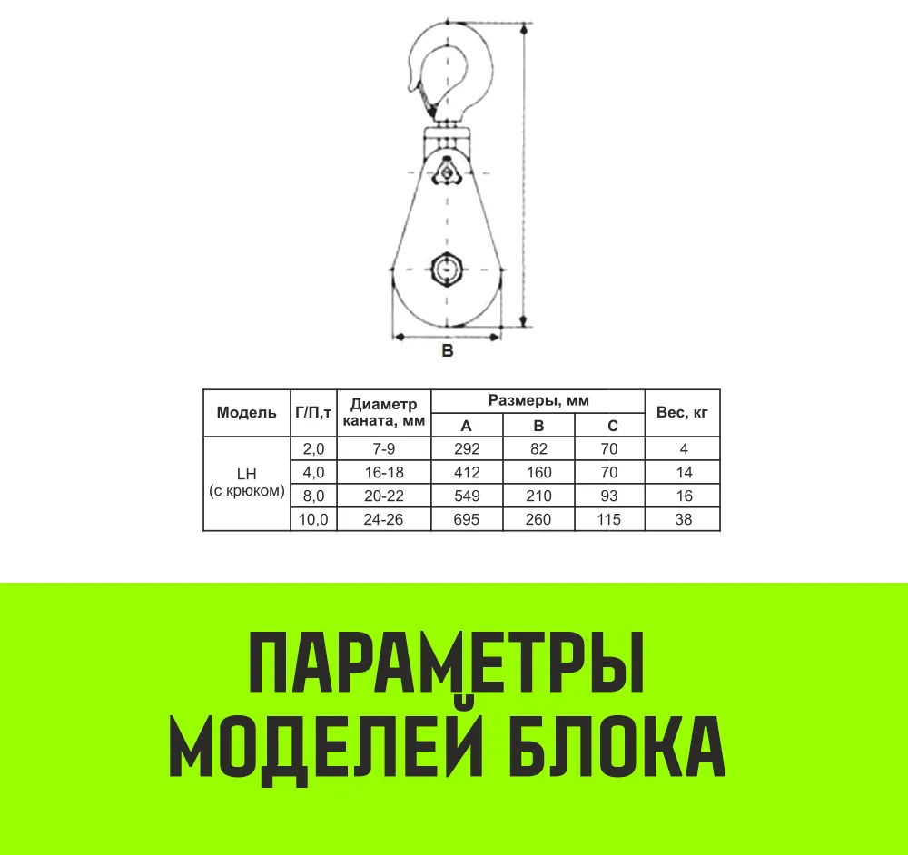 Однорольный блок шкивовый усиленный с крюком HITCH LH-2000 2т SZ088915